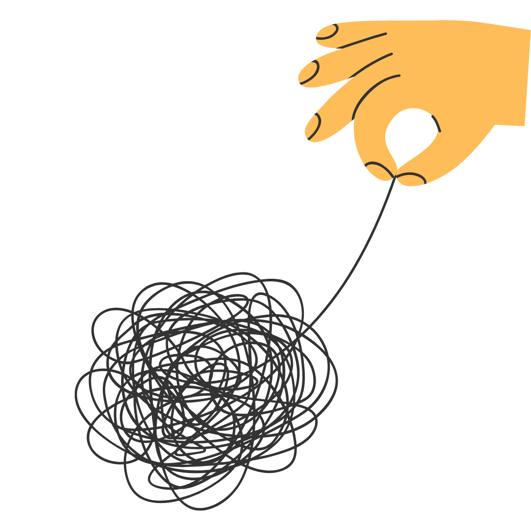 An illustration of a hand lifting a knotted thread